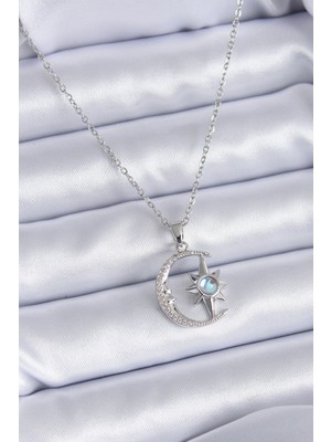 Store Mania Ieg™ 316L Çelik Gümüş Renk Zirkon Taşlı Ay Yıldız Model Kadın Kolye - TJ-BKO7689