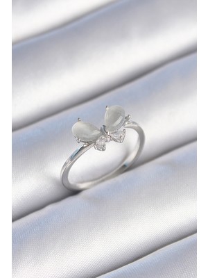 Store Mania Ieg™ Pirinç Gümüş Renk Zirkon Taşlı Beyaz Mineli Model Kadın Yüzük - TJ-BYK3465