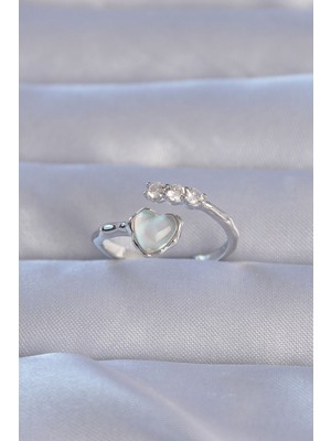 Store Mania Ieg™ Pirinç Gümüş Renk Zirkon Taşlı Sedefli Kalp Model Ayarlanabilir Yüzük - TJ-BYK3232