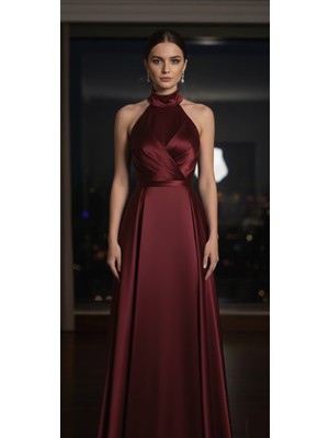 Moda Makko Halter Yaka Drapedetaylı Pileli Etekli Mezuniyet Elbisesi