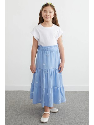 FullaModa %100 Pamuk Beli Lastikli Fiyonk Nakışlı Kız Çocuk Etek