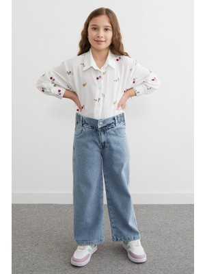 FullaModa Çiçek Nakışlı Kız Çocuk Gömlek