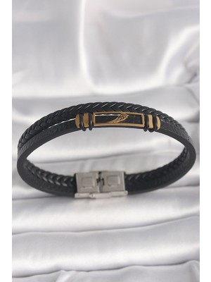 Store Mania Ieg™ 316L Çelik Gold Renk Kanat Aksesuarlı Siyah Burgu Model Deri Kordon Erkek Bileklik - Tj-Eb3
