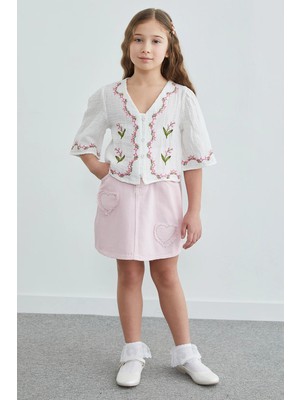 FullaModa %100 Pamuk Çiçek Nakışlı Müslin Kumaş Kız Çocuk Gömlek