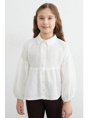 FullaModa Balon Kol Müslin Kumaş Kız Çocuk Gömlek