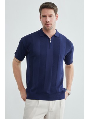 FullaModa Şeritli Yarım Fermuarlı Polo Yaka Triko Tişört