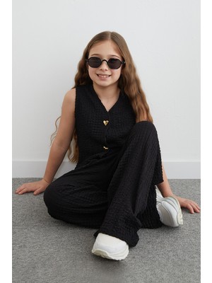 FullaModa Kalp Düğmeli Dokulu Yelekli Kız Çocuk 2 Li Takım