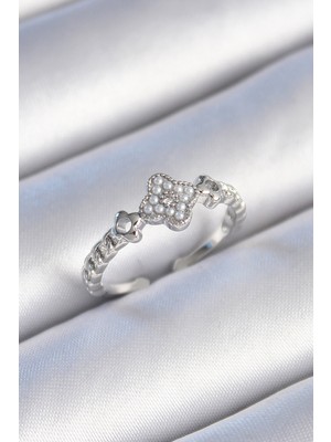 Store Mania Ieg™ Pirinç Gümüş Renk Incili Yonca Model Zirkon Taş Detaylı Kadın Yüzük - TJ-BYK3439