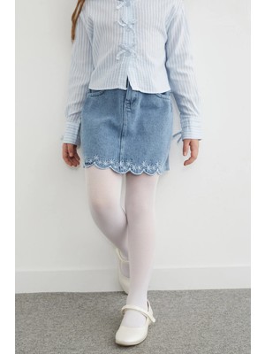 FullaModa %100 Pamuk Çiçek Nakışlı Kız Çocuk Kot Etek