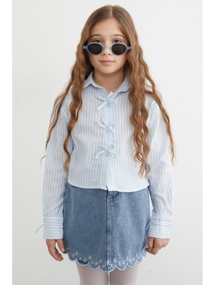 FullaModa Çizgili Fiyonk Detaylı Kız Çocuk Crop Gömlek