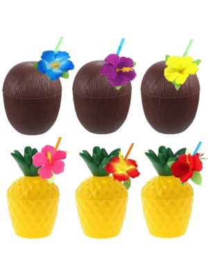 Store Mania Ieg™ Ananas &amp; Hindistan Cevizi Tasarımlı Pipetli Bardak Seti (6 Adet)