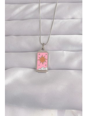 Shopwave 316L Çelik Gümüş Renk Pembe Mineli Güneş Model Tarot Kolye
