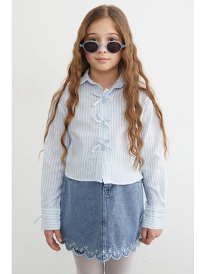FullaModa Çizgili Fiyonk Detaylı Kız Çocuk Crop Gömlek