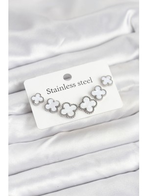 Store Mania Ieg™ 316L Çelik Gümüş Beyaz Renk 3 Boy Yonca Küpe Seti - TJ-BKP11236