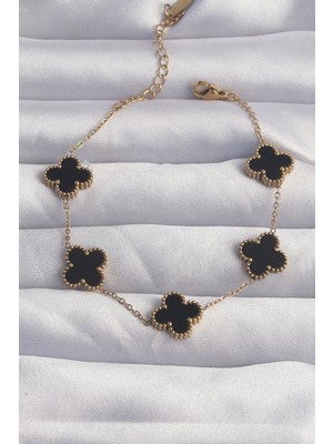 Store Mania Ieg™ 316L Çelik Gold Renk Siyah Mineli Yonca Bileklik - TJ-BB6258