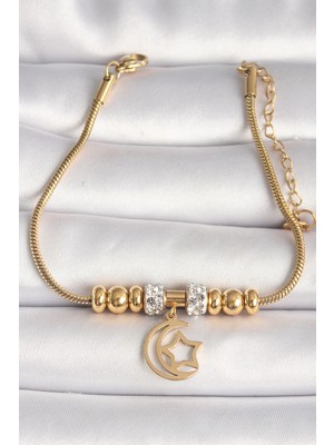 Store Mania Ieg™ 316L Çelik Gold Renk Tüp Zincir Zirkon Taş Detaylı Sallantı Ay Yıldız Figür Kadın Bi
