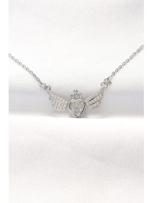 Shopwave 316L Çelik Silver Renk Zirkon Taşlı Kalpli Kanat Kolye