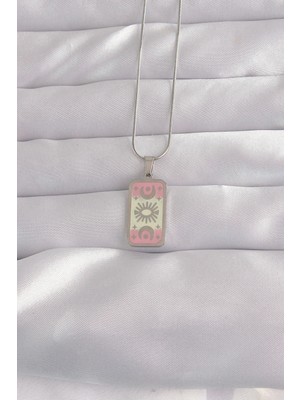 Shopwave 316L Çelik Gümüş Renk Pembe Mineli Ay Figür Tarot Kolye