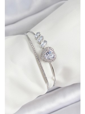 Store Mania Ieg™ Pirinç Gümüş Renk Kalpli Zirkon Taşlı Kadın Bileklik - TJ-BB7065