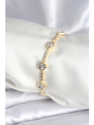 Store Mania Ieg™ Pirinç Gold Renk Zirkon Taşlı Kalpli Model Kadın Bileklik - TJ-BB7967