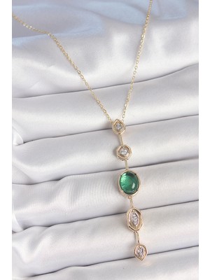 Store Mania Ieg™ Pirinç Zincir Zümrüt Yeşil Gold Renk Zirkon Taşlı Y Kolye - TJ-BKO10229