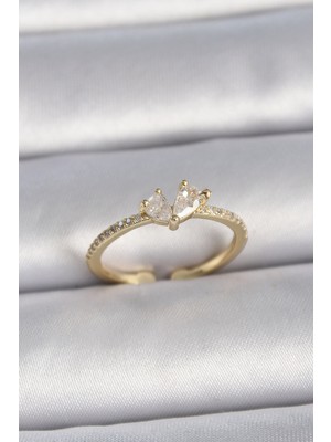 Store Mania Ieg™ Pirinç Gold Renk Ayarlanabilir Zirkon Taşlı Kalp Model Kadın Yüzük - TJ-BYK3406