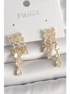 Store Mania Ieg™ Pirinç Gold Renk Zirkon Taşlı Yağmur Model Kadın Küpe - TJ-BKP9935