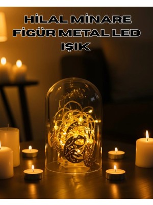 Epilons Ramazan Minare Detaylı Hilal Led Işık Günışığı Sarı Metal Süs