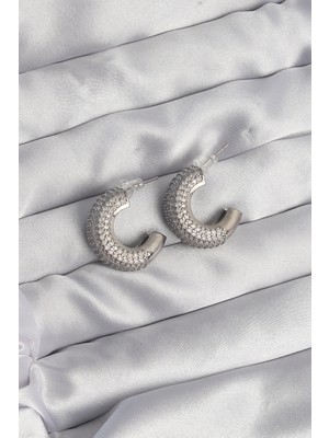 Shopwave Pirinç Gümüş Renk Zirkon Taşlı Yarım Halka Küpe