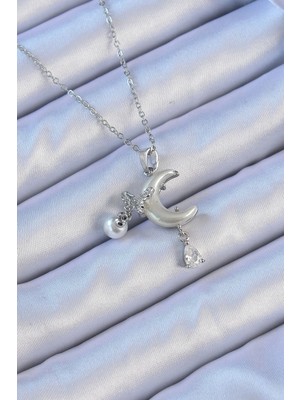 Shopwave 316L Çelik Zincir Gümüş Renk Zirkon Taşlı Kelebekli Mineli Ay Kolye