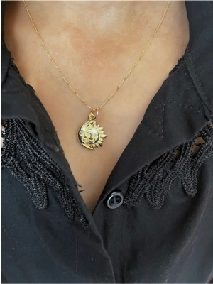 Wind Silver 925 Ayar Gümüş Güneş ve Ay Tasarım Gold Kolye