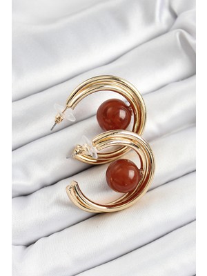 Store Mania Ieg™ Pirinç Gold Renk Halka Model Kahverengi Boncuk Detay Kadın Küpe - TJ-BKP10364