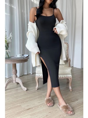 Beruflic Kadın Siyah Yırtmaçlı Diz Altı Vücüdu Saran Gecelik