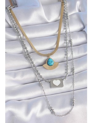 Shopwave 316L Çelik Mix Renk 3'lü Zincir Damla Madalyon Figür Uzun Kadın Kolye