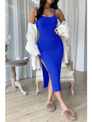 Beruflic Kadın Mavi Yırtmaçlı Diz Altı Vücüdu Saran Gecelik