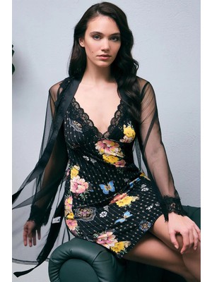 Beruflic Tül Sabahlık ve Viskon Çiçek Baskılı Dantelli Kısa Gecelik Takım