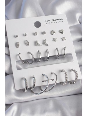 Shopwave Pirinç Gümüş Renk 12 Çift Kadın Küpe Seti