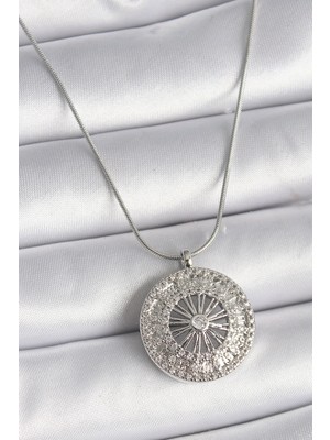 Shopwave 316L Çelik Gümüş Renk Zirkon Taşlı 12 Burç Madalyon Model Kadın Kolye