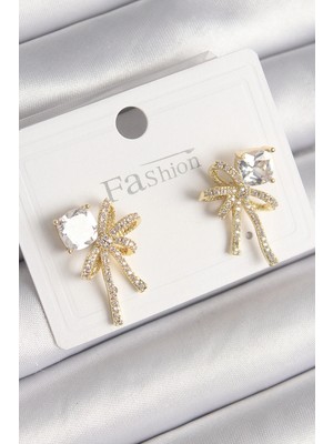 Shopwave Pirinç Gold Renk Zirkon Taşlı Kurdele Model Kadın Küpe