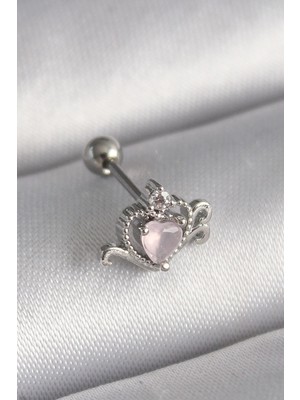 Shopwave 316L Çelik Gümüş Renk Pembe Mineli Kalp Zirkon Taş Detay Tragus Piercing