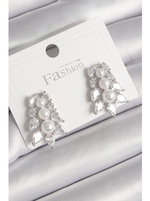 Shopwave Pirinç Gümüş Renk Zirkon Taşlı Yaprak Model Inci Detay Kadın Küpe