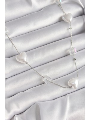 Shopwave Pirinç Gümüş Renk Beyaz Inci Kalp Model Kadın Kolye