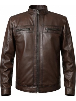 Tabakhanem Erkek Hakiki Deri Dik Yaka Ceket | Kapitoneli Astarlı, Fermuarlı, Çift Göğüs Cepli