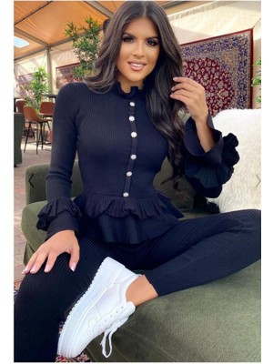 Tiana Kadın Uzun Kollu Yıldız Düğme Detay Volanlı Kazak ve Pantolon Ikili Takım