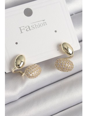 Shopwave Pirinç Gold Renk Zirkon Taşlı Bombeli Model Kadın Küpe