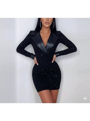 Nidam Butik Kadın Deri Detaylı Manşet Yaka Simli Fukara Kumaş Mini Elbise