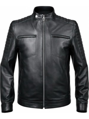 Tabakhanem Erkek Kuzu Derisi Deri Ceket – Slim Fit, Fermuarlı, Kapitone Omuz Detay