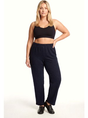 Modaserdem Akbeniz Kadın Lacivert Dokulu Büyük Beden Cepli Pijama Altı