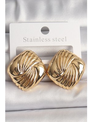 Shopwave Pirinç Gold Renk Işlemeli Kare Model Kadın Küpe