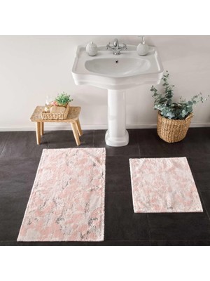 Braventa Collection Flower DESENLI%100 Pamuk Paspas Seti, Pudra, 50X60 cm - 60X100 cm